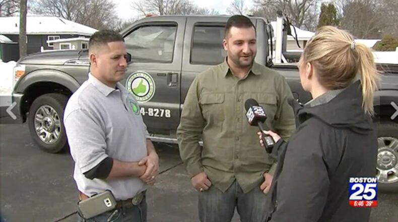 Martin Gutierrez (L) and Austin Sciacca (R) came to the aid of a 100-year-old man determined to shovel driveway after a recent nor'easter.