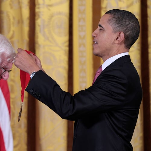 FILE - President Barack Obama presents a National Humanities Medal to author, historian and Brown University professor emeritus, Gordon Wood, during a ceremony in the East Room of the White House in Washington on March 2, 2011. (AP Photo/Pablo Martinez Monsivais, File)