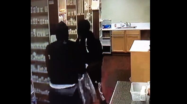 The Griffin Police Department is searching for two suspects who burglarized Hospital Discount Drugs overnight on June 6-7. (Griffin Police Department, via Facebook)