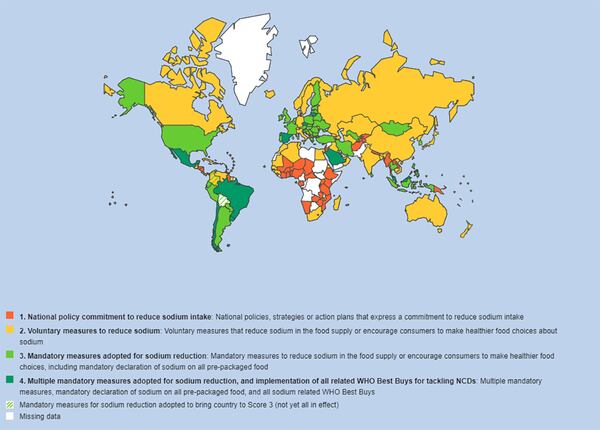 The Sodium Country Score Card monitors a country’s progress in making national commitments and taking a multifaceted approach to implementing policies to reduce sodium intake.