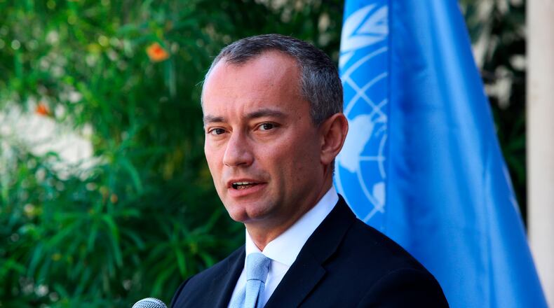 FILE - United Nations Special Coordinator for the Middle East Peace Process Nickolay Mladenov, attends a press conference at the (UNSCO) offices in Gaza City, Monday, Sept. 25, 2017. (AP Photo/Adel Hana, File)