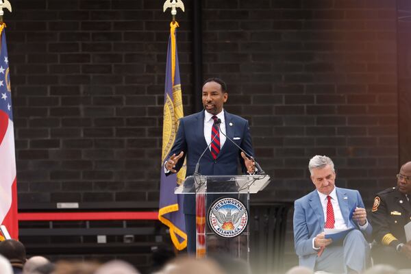 Atlanta Mayor Andre Dickens speaks during the ribbon cutting ceremony for The Atlanta Public Safety Training Center’s grand opening on Tuesday, April 29, 2025. (Natrice Miller/AJC)