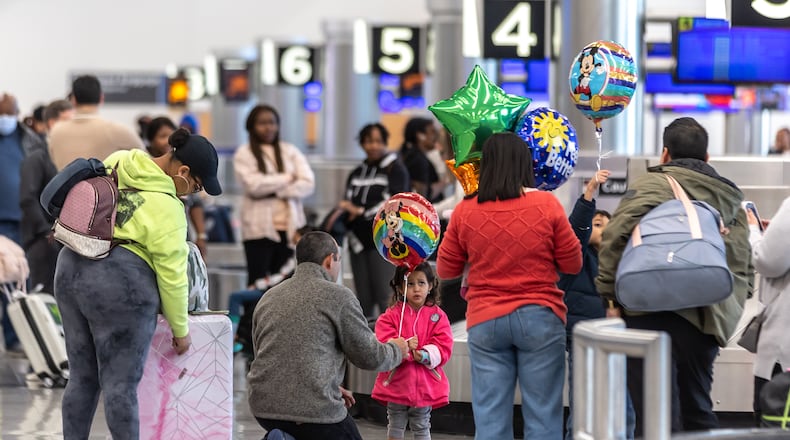 Spring break travel reached its peak at Hartsfield-Jackson International, with more than 335,000 passengers passing through the world’s busiest airport on Friday, March 29, 2024. That included more than 90,000 passengers passing through security checkpoints, with hundreds of thousands of other passengers arriving and connecting at the Atlanta airport. Friday was expected to be the busiest day of the spring break period at Hartsfield-Jackson. The second-busiest day is expected to be Sunday, March 31, with more than 323,000 passengers moving through the airport. An estimated 3.6 million people are expected to pass through the Atlanta airport from March 27 through April 7, the busiest stretch of the spring break travel period that started in mid-March. (John Spink / John.Spink@ajc.com)