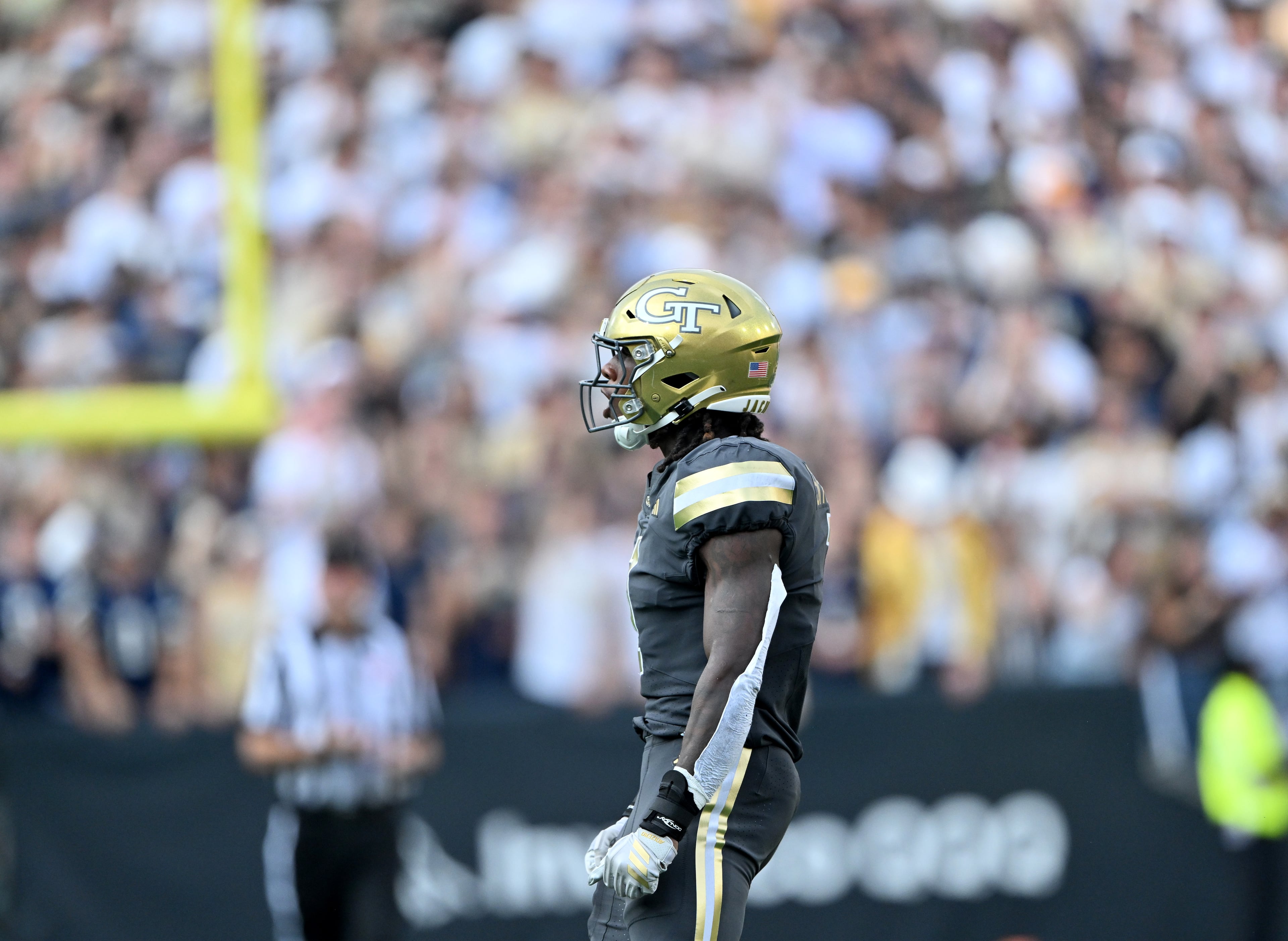 Georgia Tech linebacker Cayman Spaulding reacts during the first half of an NCAA college football game at Georgia Tech's Bobby Dodd Stadium, Saturday, Sept. 20, 2025 in Atlanta. (Hyosub Shin/AJC)