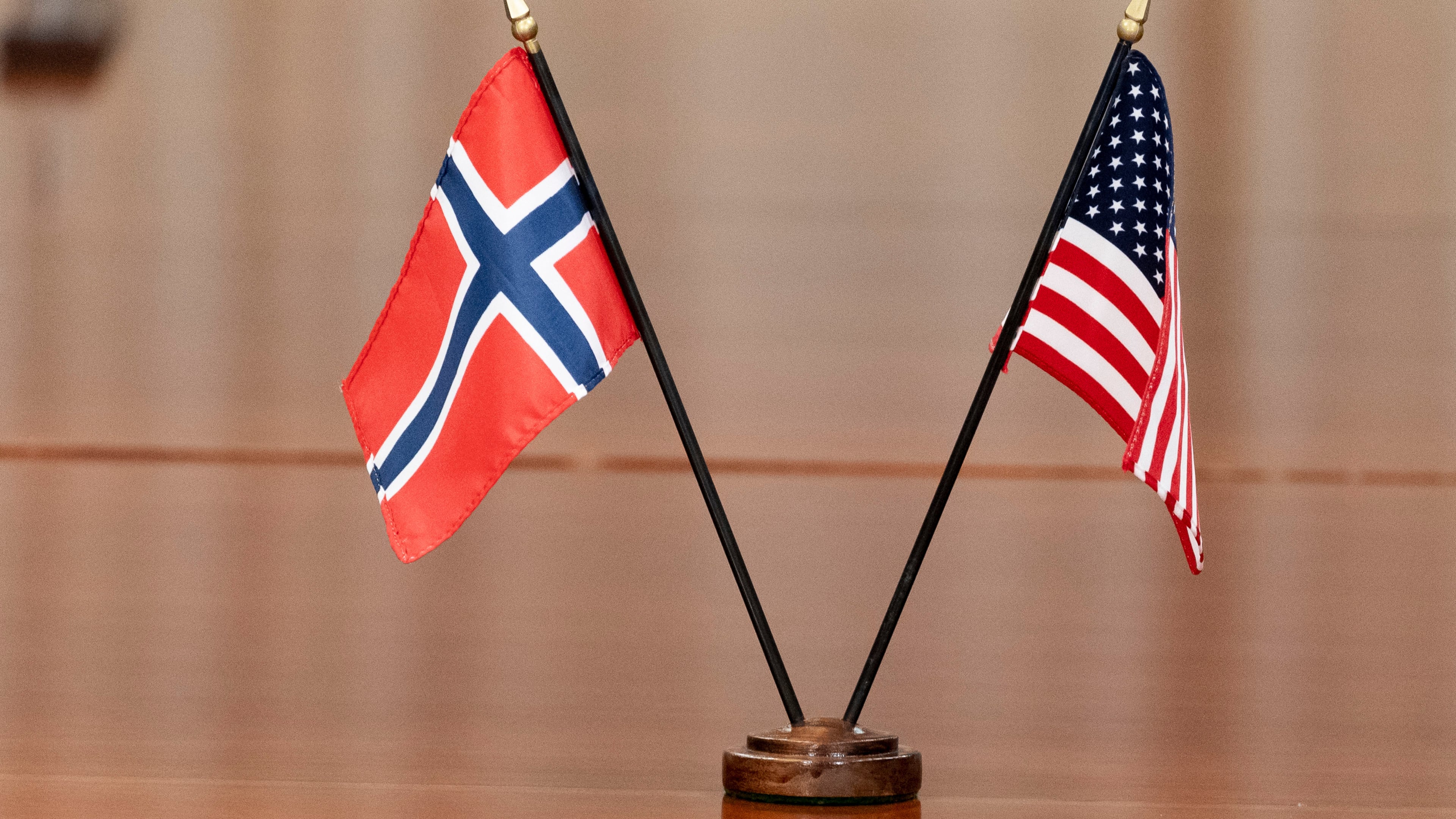 FILE - The Norway, left, and US flags are seen on the table at the Pentagon, on Sept. 20, 2022, in Washington. (AP Photo/Alex Brandon, File)
