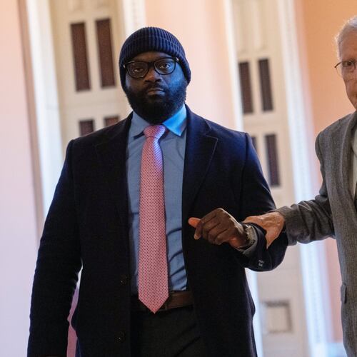 FILE - Sen. Mitch McConnell, R-Ky., right, walks through the Capitol, Jan. 15, 2026, in Washington. (AP Photo/Allison Robbert, File)