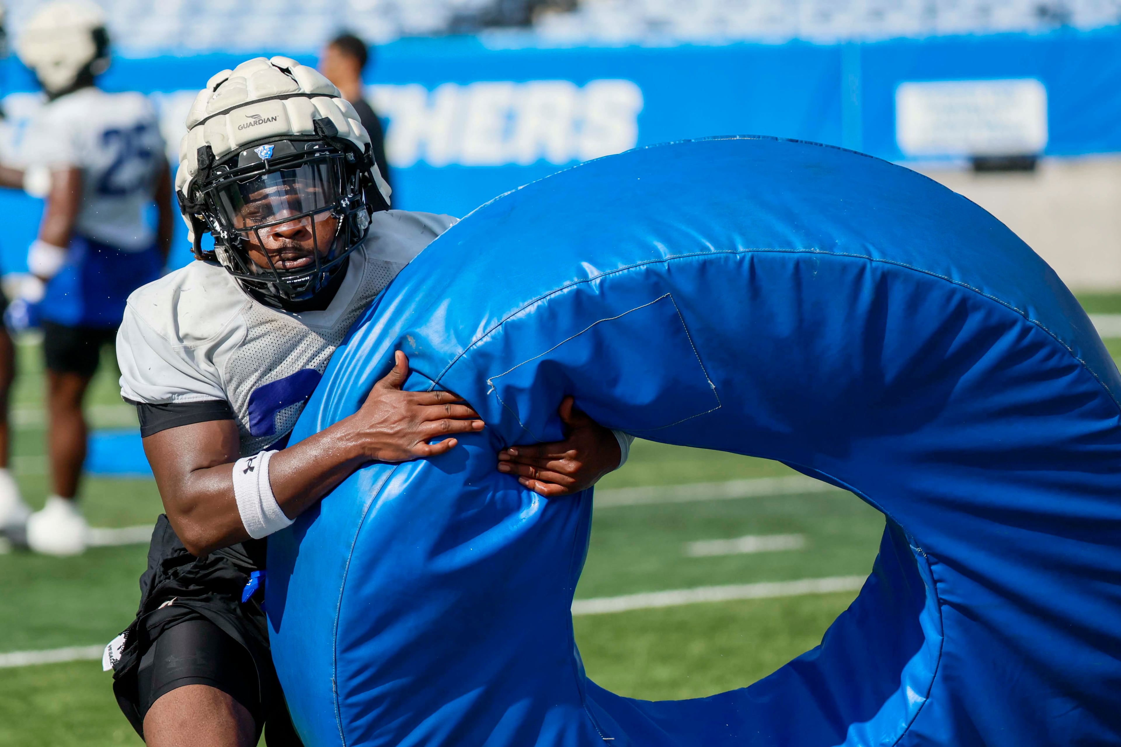 GSU running back Jamal Bing Jr. (20) works on a drill during Georgia State University’s first day of practice at Center Parc Stadium on Thursday, July 31, 2025, in Atlanta.
(Miguel Martinez/ AJC)