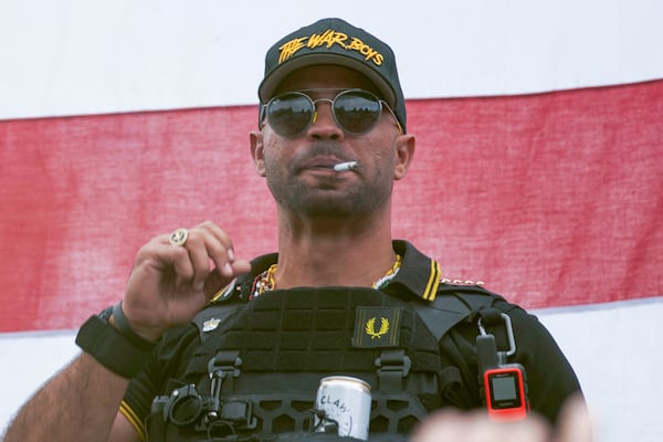 FILE - Proud Boys leader Henry "Enrique" Tarrio is seen during a rally organized by the Proud Boys in Portland, Ore., on Sept. 26, 2020. (AP Photo/Allison Dinner, File)