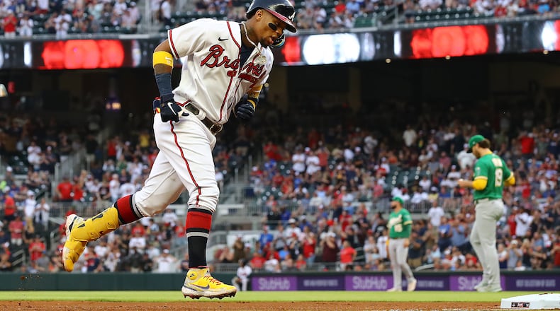 Atlanta Braves outfielder Ronald Acuna rounds third base hitting a solo homer against the Oakland Athletics during the first inning of a MLB baseball game on Tuesday, June 7, 2022, in Atlanta.    Curtis Compton / Curtis.Compton@ajc.com