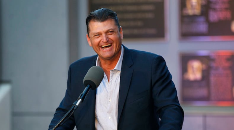 Former San Diego Padres star Trevor Hoffman speaks a news conference after he was elected to the National Baseball Hall of Fame, at Petco Park in San Diego on Wednesday, Jan. 24, 2018. (K.C. Alfred/San Diego Union-Tribune/TNS)