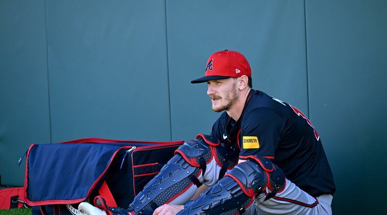 Atlanta Braves catcher Sean Murphy prepares during spring training workouts at CoolToday Park, Monday, February 17, 2025, North Port, Florida. (Hyosub Shin / AJC)