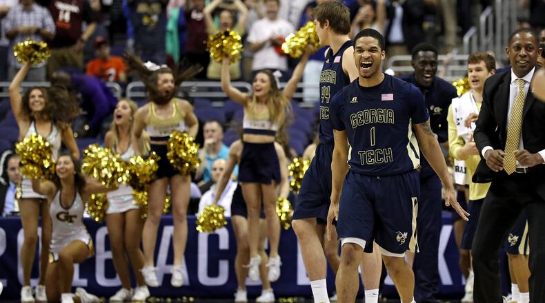 WASHINGTON, DC - MARCH 09: Tadric Jackson #1 of the Georgia Tech Yellow Jackets celebrates after defeating the Clemson Tigers in the second round of the 2016 ACC Basketball Tournament at Verizon Center on March 9, 2016 in Washington, DC. Georgia Tech Yellow Jackets won in overtime, 88-85. (Photo by Patrick Smith/Getty Images)