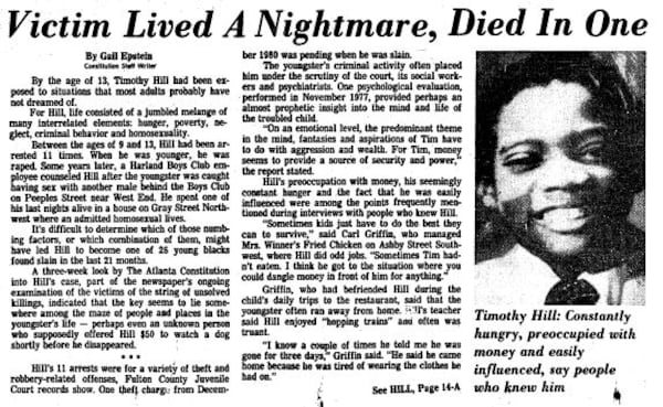 AJC reporter Gail Epstein recounted the sad, short life of Timothy Hill, one of Atlanta's missing and murdered children.