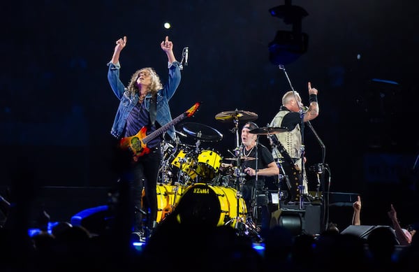 Metallica played in the round to a completely sold-out Mercedes-Benz Stadium on Tuesday night, covering hits spanning over 40 years. (Ryan Fleisher for The Atlanta Journal-Constitution)