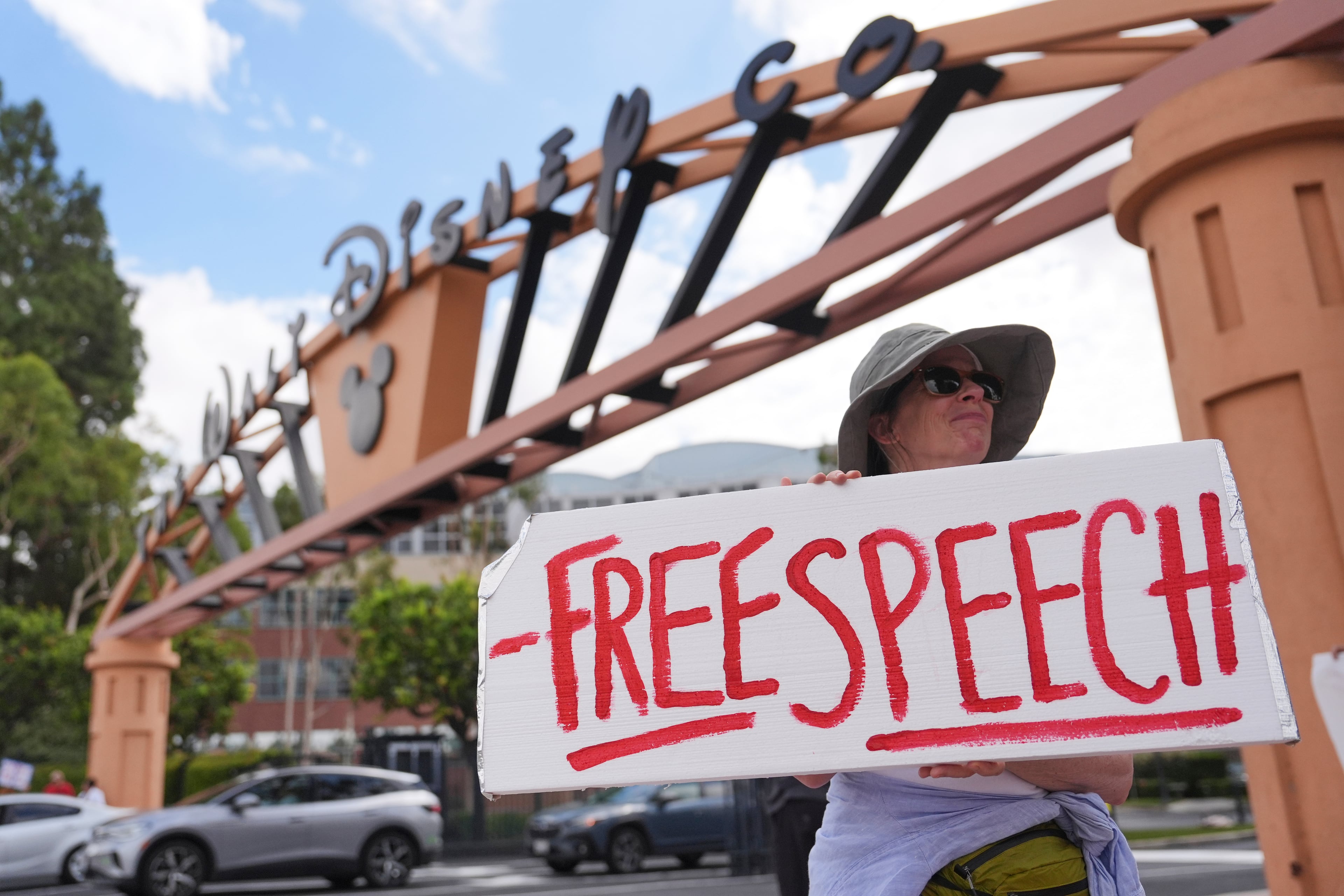 A demonstrator recently held up a sign in response to the suspension of Jimmy Kimmel's late-night show outside of Walt Disney Studios in Burbank, Calif.