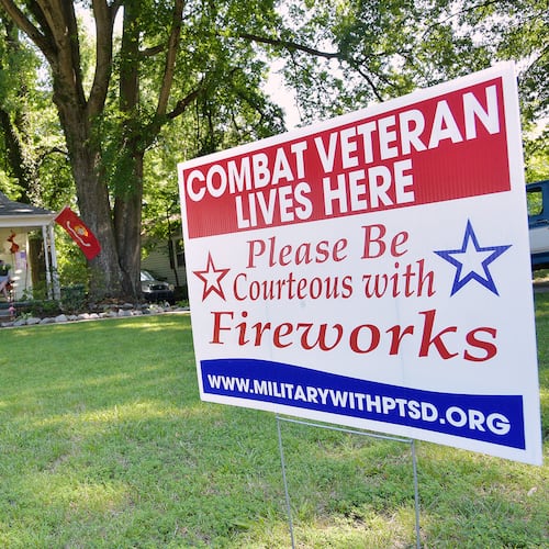 FILE - A sign stands in former U.S. Marine Kevin Haynes' yard, June 29, 2017, in High Point, N.C. (Laura Greene/The High Point Enterprise via AP, File)