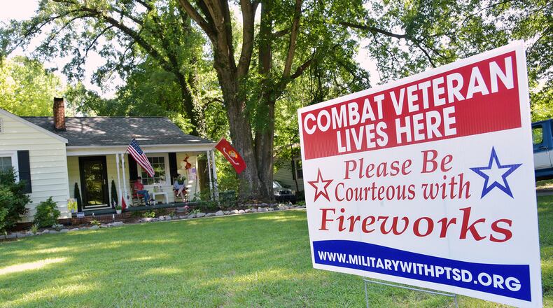 FILE - A sign stands in former U.S. Marine Kevin Haynes' yard, June 29, 2017, in High Point, N.C. (Laura Greene/The High Point Enterprise via AP, File)