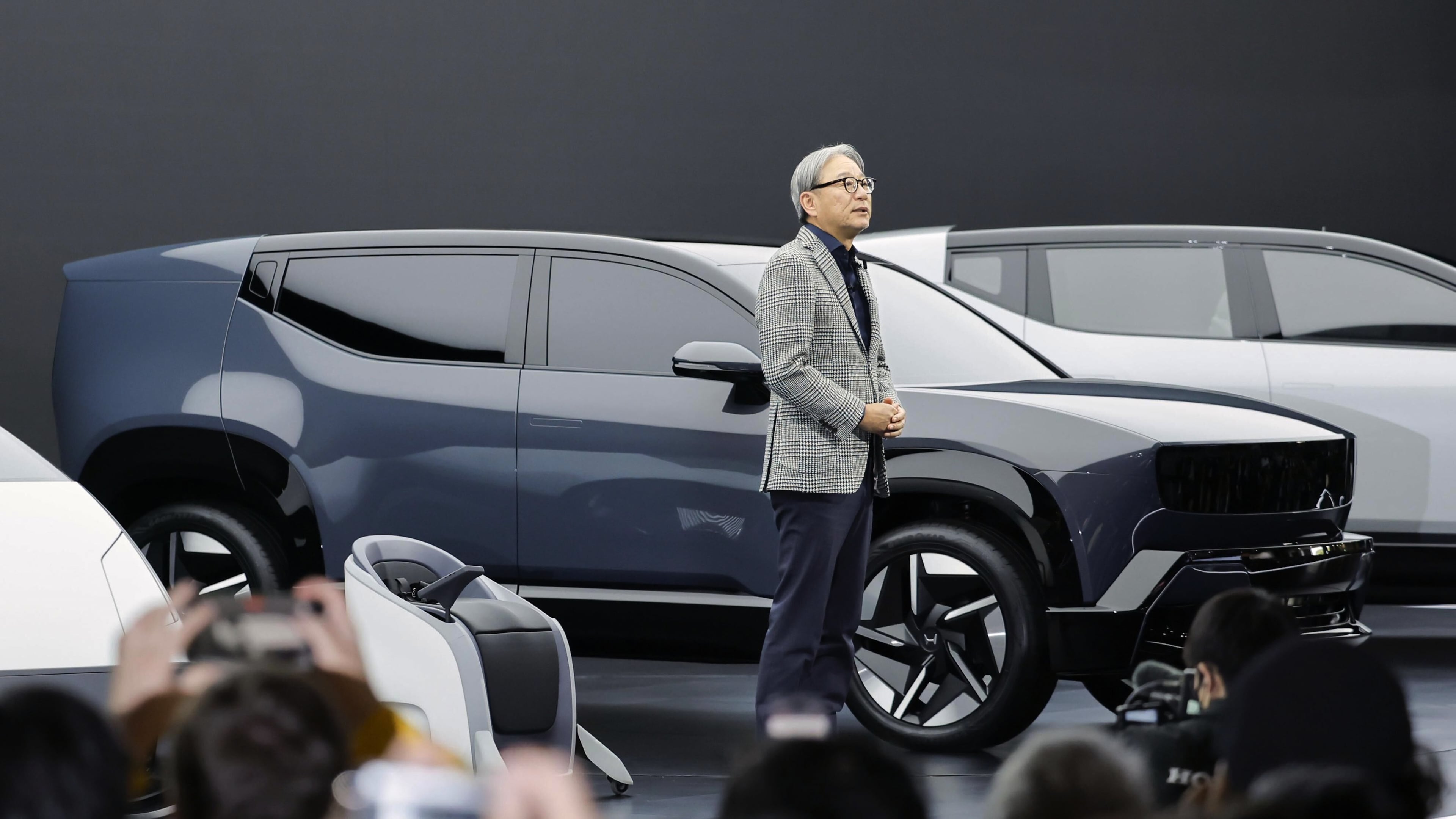 Honda Chief Executive Toshihiro Mibe speaks to the media at Tokyo Mobility Show during a media day at Tokyo Big Sight in Tokyo, on Wednesday, Oct. 29, 2025. (Daiki Katagiri/Kyodo News via AP)