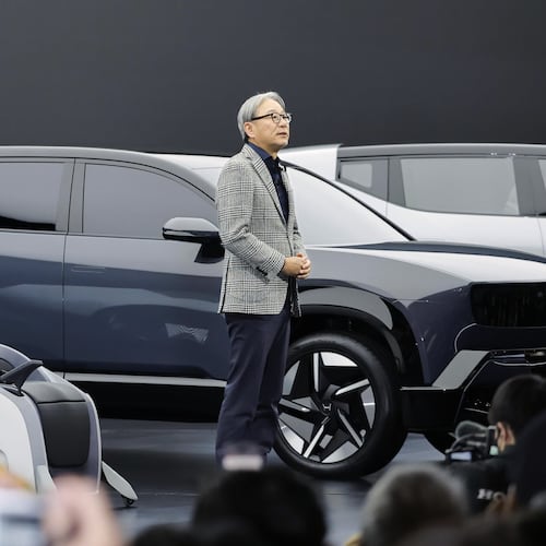 Honda Chief Executive Toshihiro Mibe speaks to the media at Tokyo Mobility Show during a media day at Tokyo Big Sight in Tokyo, on Wednesday, Oct. 29, 2025. (Daiki Katagiri/Kyodo News via AP)