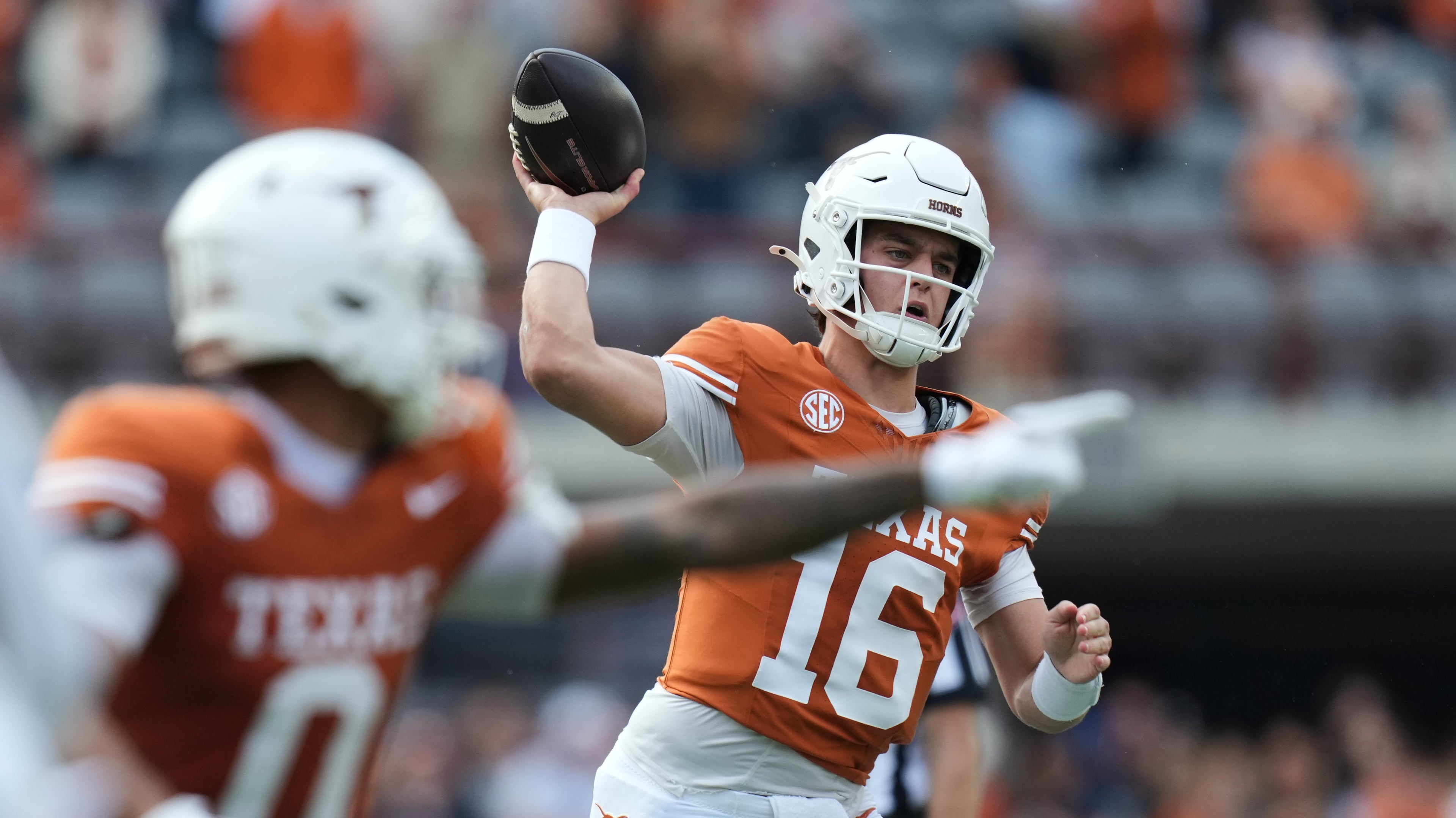 Texas quarterback Arch Manning (16) throws against Vanderbilt during the first half of an NCAA college football game in Austin, Texas, Saturday, Nov. 1, 2025. (AP Photo/Eric Gay)