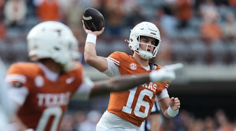 Texas quarterback Arch Manning (16) throws against Vanderbilt during the first half of an NCAA college football game in Austin, Texas, Saturday, Nov. 1, 2025. (AP Photo/Eric Gay)