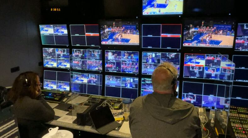 Inside Bally Sports' production truck for a Hawks telecast. (Photo courtesy of Bally Sports)