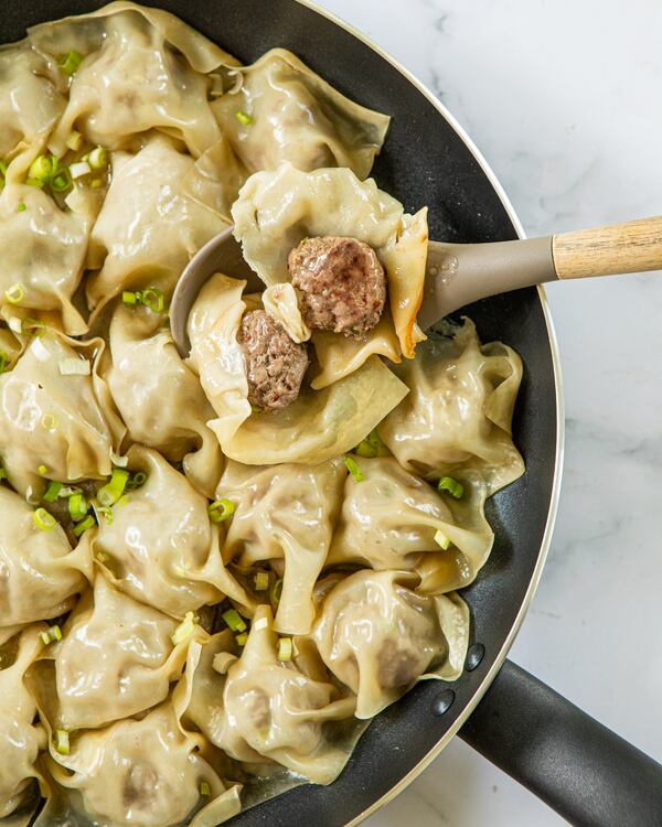 The blanket dumpling method works with any filling that can form a cohesive ball — choose your own ground meat or meat-alternative and play with whatever seasonings you’d like. (Aaliyah Man for the AJC; food styling by Kate Williams) 