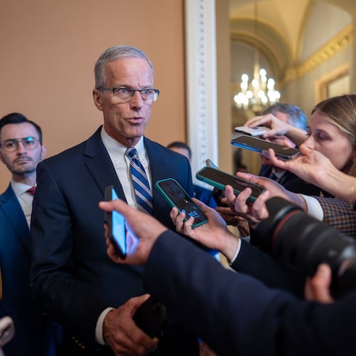 Speaking to reporters, Senate Majority Leader John Thune, R-S.D., responds to Senate Democratic Leader Chuck Schumer to reopen the government if Republicans extend expiring health care subsidies for one year, at the Capitol in Washington, Friday, Nov. 7, 2025, day 38 of the government shutdown. (AP Photo/J. Scott Applewhite)