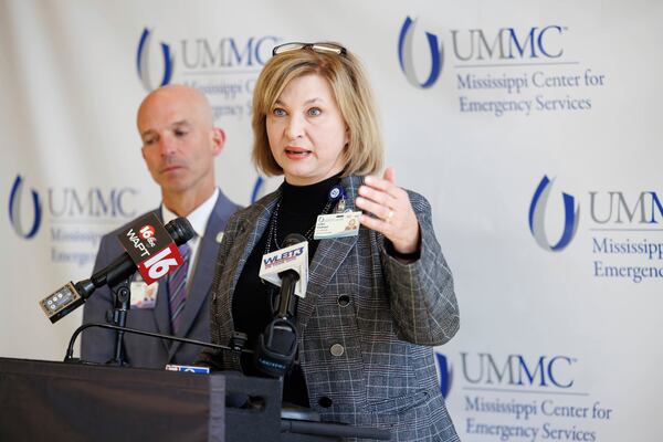 Dr. LouAnn Woodward, vice chancellor for health affairs, speaks to media after an AirCare medical transport helicopter crashed Monday, March 10, 2025, in Jackson, Miss. (Melanie Thortis/University of Mississippi Medical Center via AP)