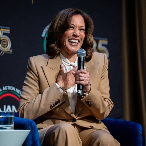 FILE - Former Vice President Kamala Harris speaks during the National Action Network Convention in New York, April 10, 2026. (AP Photo/Angelina Katsanis, File)