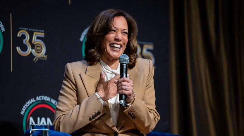 FILE - Former Vice President Kamala Harris speaks during the National Action Network Convention in New York, April 10, 2026. (AP Photo/Angelina Katsanis, File)