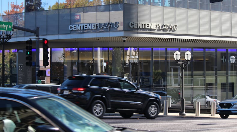 Centene Plaza in St. Louis on Oct. 29, 2022. At least 20 states have settled with Centene Corp. over its pharmacy benefit manager operation that coordinated medications for Medicaid patients. (Bram Sable-Smith/KFF Health News)