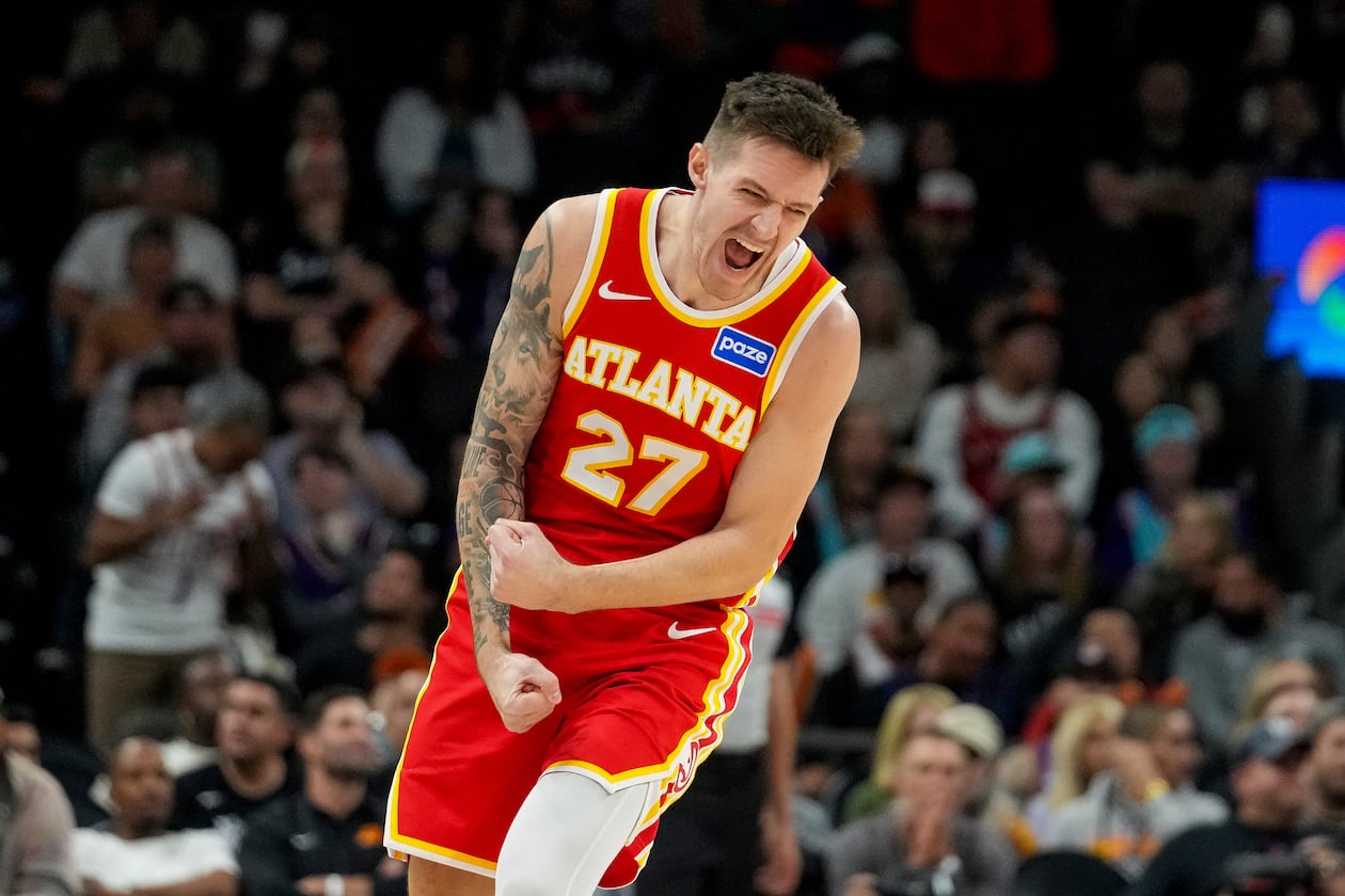 Atlanta Hawks guard Vit Krejci celebrates hitting a 3-pointer against the Phoenix Suns during the second half of Sunday's game Nov. 16, 2025. (Darryl Webb/AP)
