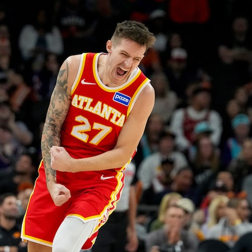 Atlanta Hawks guard Vit Krejci celebrates hitting a 3-pointer against the Phoenix Suns during the second half of Sunday's game Nov. 16, 2025. (Darryl Webb/AP)