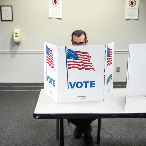 A person votes in the Virginia redistricting referendum at Fairfax Government Center, Tuesday, April 21, 2026, in Fairfax, Va. (AP Photo/Julia Demaree Nikhinson)