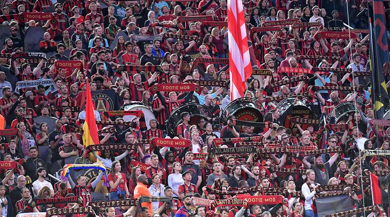 Atlanta United fans cheer during match against FC Dallas Saturday, April 20, 2019, at Mercedes-Benz Stadium in Atlanta.