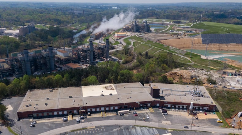 March 26, 2020 Smyrna - Aerial view shows The Sterigenics plant (foreground) in Smyrna on Thursday, March 26, 2020. Cobb County Commission Chairman Mike Boyce signed an emergency authorization Wednesday, allowing Sterigenics to reopen on a âlimited contingency basis.â The plant had been closed since August pending the re-issuance of local and state permits. (Hyosub Shin / Hyosub.Shin@ajc.com)