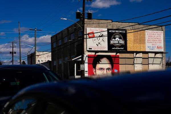 A mural of Dwight Schrute is seen in Scranton, Pa., Tuesday, March 25, 2025. (AP Photo/Julia Demaree Nikhinson)