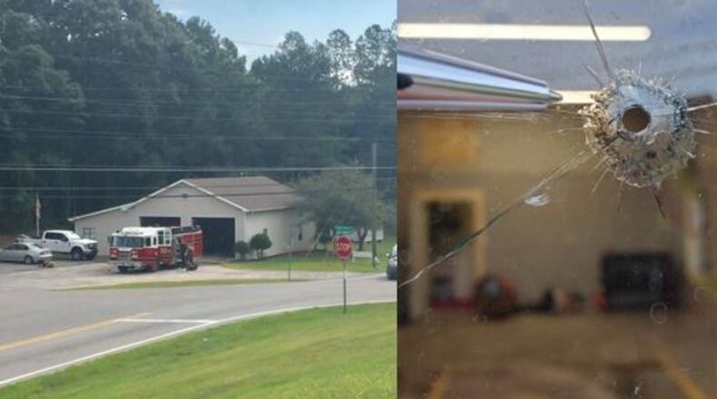 Investigators said someone shot the fire station five times with a pellet gun.