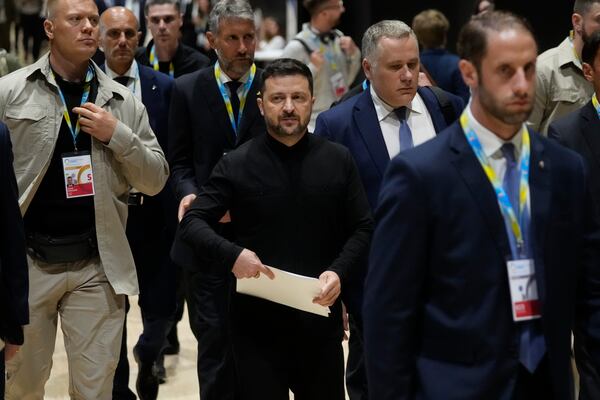 Ukraine's President Volodymyr Zelenskyy arrives ahead a news conference during the Ukraine Recovery Conference at La Nuvola convention center in Rome, Thursday, July 10, 2025. (AP Photo/Gregorio Borgia)