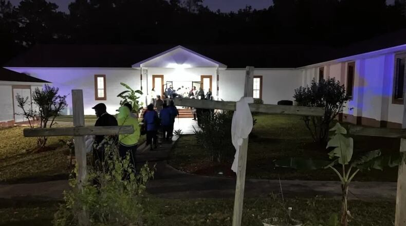 The nearby Elm Grove Baptist Church had been opened as a reunification center Saturday evening. Approximately 100 people who had made it back from Sapelo by ferry safely gathered there.  (Photo Courtesy of Margaret Coker/The Current GA)