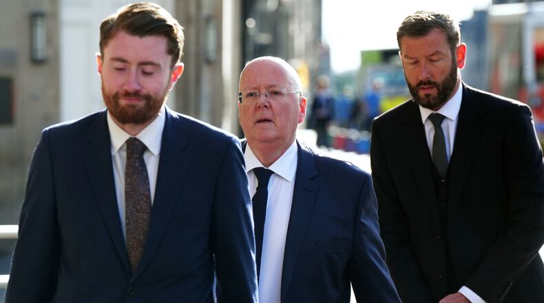 Former SNP chief executive Peter Murrell, center arrives at Edinburgh High Court, in Edinburgh, Scotland, Monday May 25, 2026. (Jane Barlow/PA via AP)