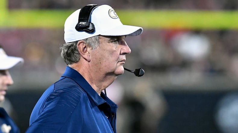 Georgia Tech head coach Paul Johnson watches from the sideline during the first half of an NCAA college football game against Louisville, Friday, Oct. 5, 2018, in Louisville, Ky. (AP Photo/Timothy D. Easley)