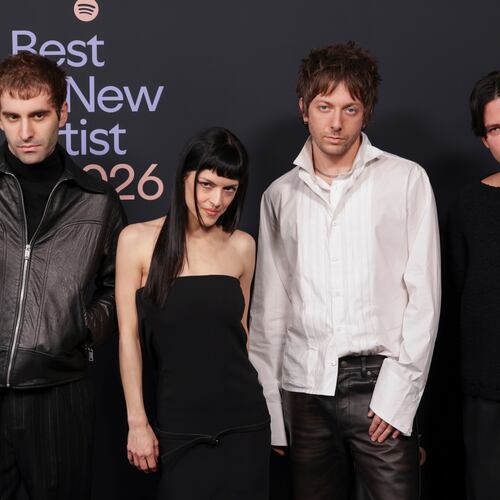 Jesse Perlman (from left), María Zardoya, Josh Conway and Edward James of The Marías arrive at the Spotify best new artist party on Thursday. (Andrew Park/Invision/AP)