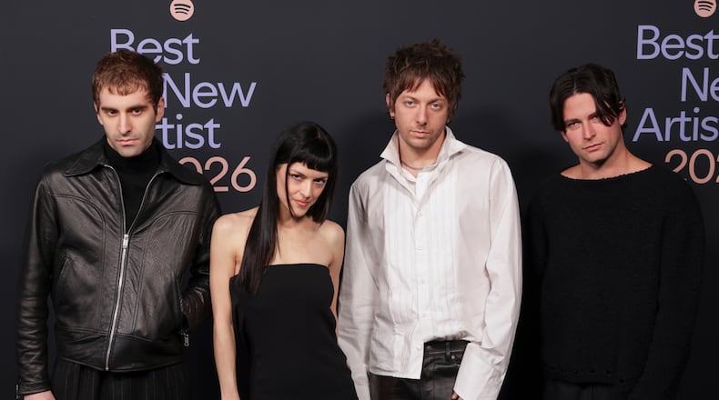 Jesse Perlman (from left), María Zardoya, Josh Conway and Edward James of The Marías arrive at the Spotify best new artist party on Thursday. (Andrew Park/Invision/AP)