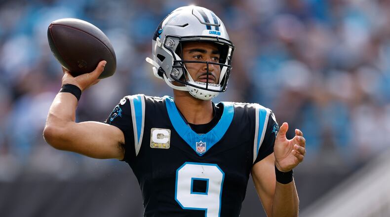 Panthers quarterback Bryce Young — pictured passing against the Saints in a 17-7 loss Sunday — was 16-of-24 for 121 yards and rushed for a touchdown in Carolina's 30-0 win over Atlanta on Sept. 21. (Rusty Jones/AP)