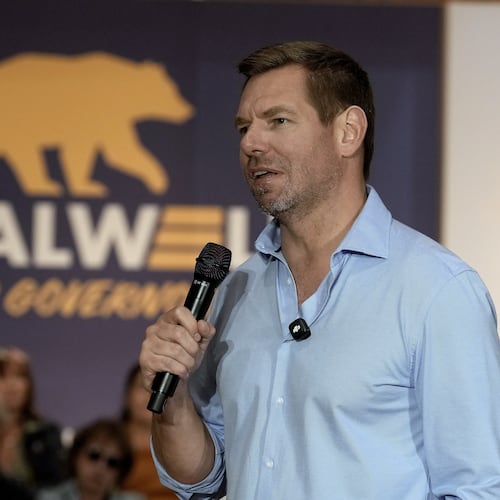California gubernatorial candidate, Rep. Eric Swalwell, D-CA appears at a town hall meeting in Sacramento, Calif., Tuesday, April 7, 2026. (AP Photo/Rich Pedroncelli)