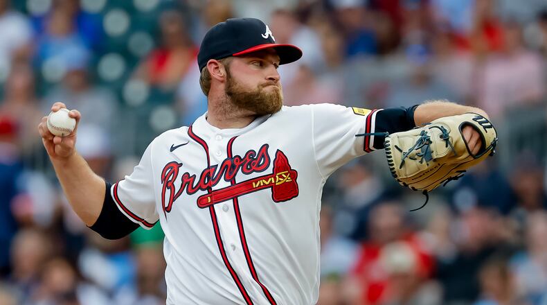 Atlanta Braves pitcher Bryce Elder delivers to a San Diego Padres batter during the first inning of a baseball game, Monday, July 20, 2026, in Atlanta. (AP Photo/Erik S. Lesser)