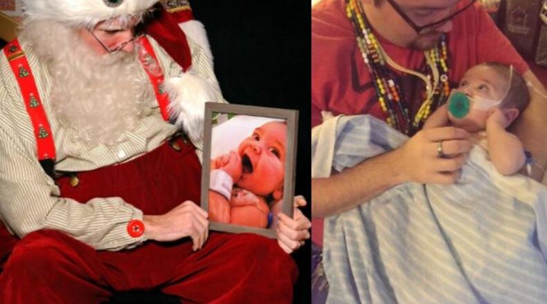 Caleb Ryan Sigmon fulfills request for photo with deceased Hayden Daniel (left) and father Kyle Daniel wears beads of courage around his neck as he holds son Hayden (right.) Hayden, born with a congenital heart defect, passed away in December 2014.