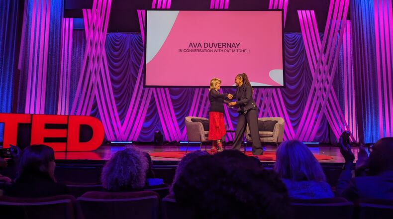 Director Ava DuVernay embraced TEDWomen co-founder Pat Mitchell at the TEDWomen conference on Wednesday, October, 11, 2023, at Atlanta's Woodruff Arts Center.